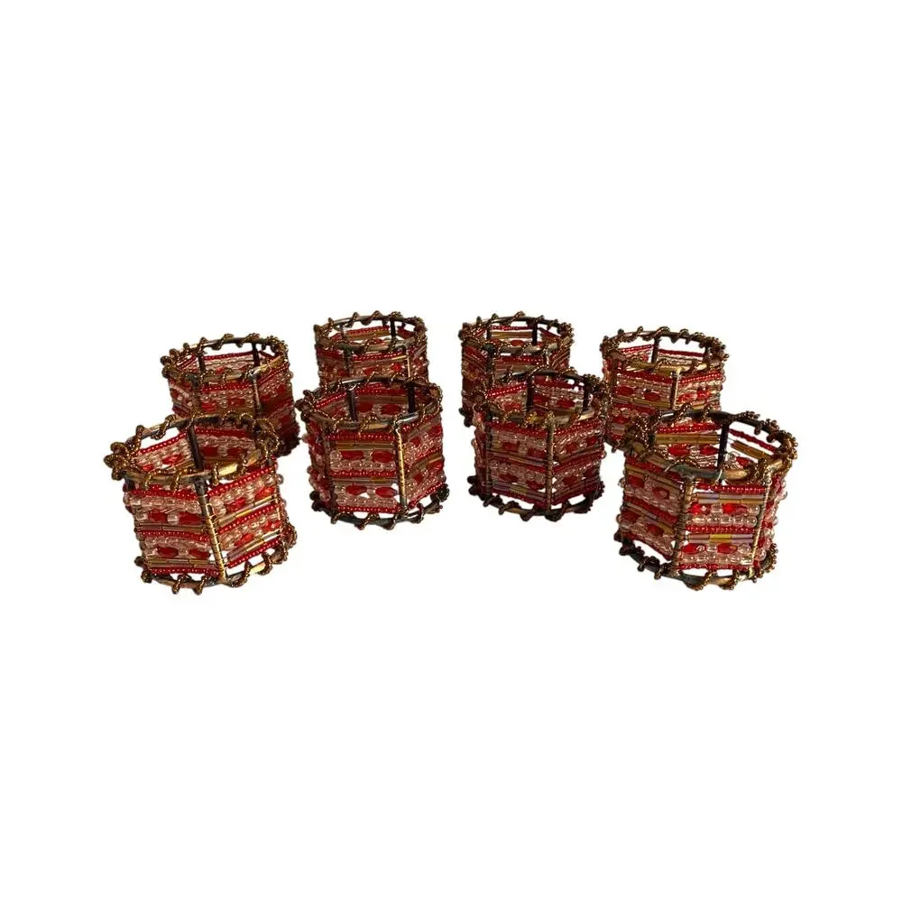 Pier 1 Beaded Napkin Rings Set of 8 Red Copper Moroccan Boho Table Decor